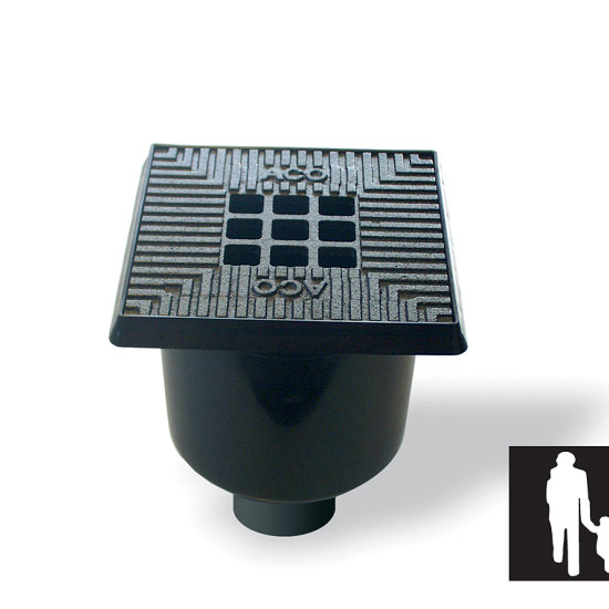 Vloerput kunststof rand + gietijzeren rooster 200x200x240 mm (lxbxh) + onderuitloop Ø 75