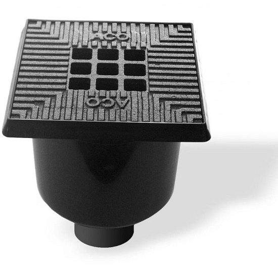 Vloerput gietijzeren rand + gietijzeren rooster 200x200x240 mm + onderuitloop Ø 75