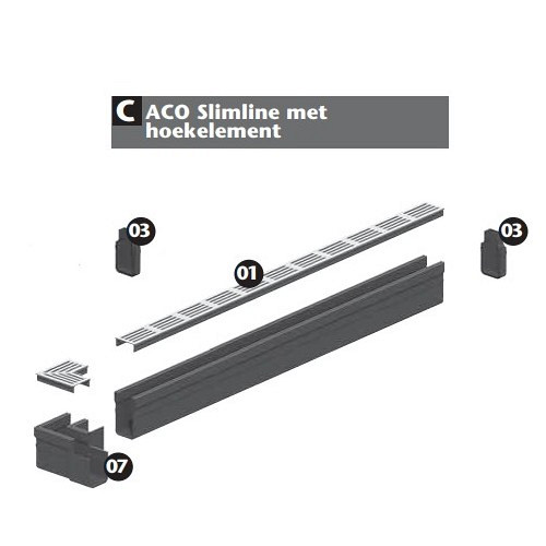 ACO Slim-Line hoekstuk, blank aluminium rooster