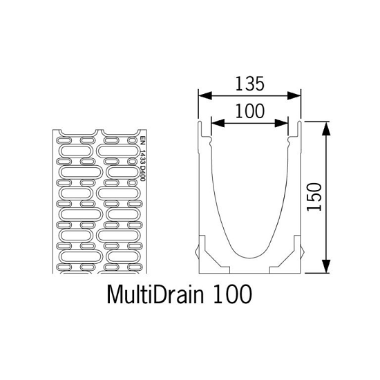 Multi Drain D100 met Gietijzeren rooster 100 cm, hoogte 15cm