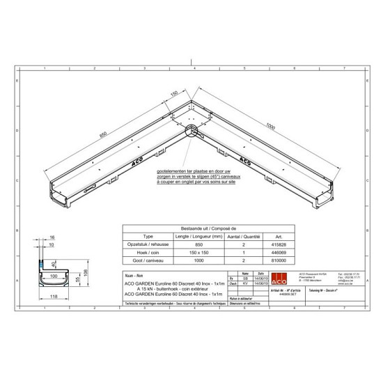 Aco Slotline RVS hk.st uitw H=40mm L=150+850