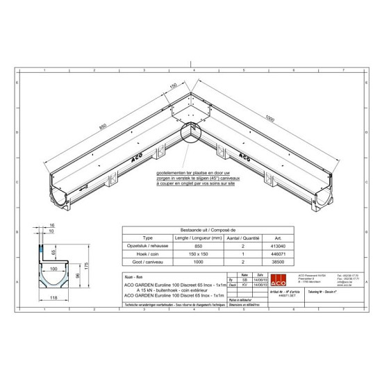 Aco Slotline RVS hk.st uitw H=65mm L=850+150