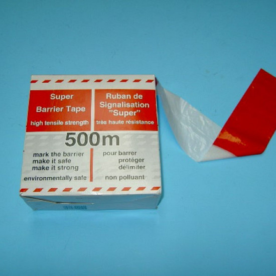 Afzetband 500 meter lang, 8 cm breed. Rood - Wit. Trekvast versterkt