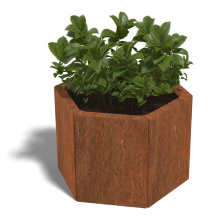 Cortenstaal plantenbak Zeshoek 30 hoogte=30cm opties=bodemplaat + 6 wielen